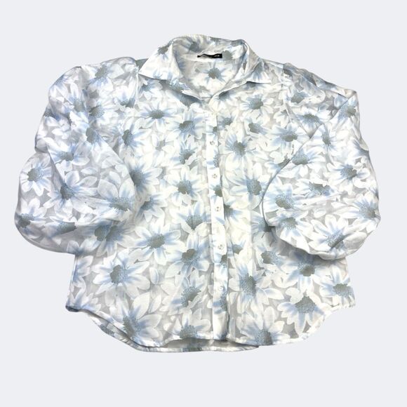 Boston Proper Floral Blouse Puff Sleeve Button Down Romantic Top Cottagecore L - Picture 1 of 12